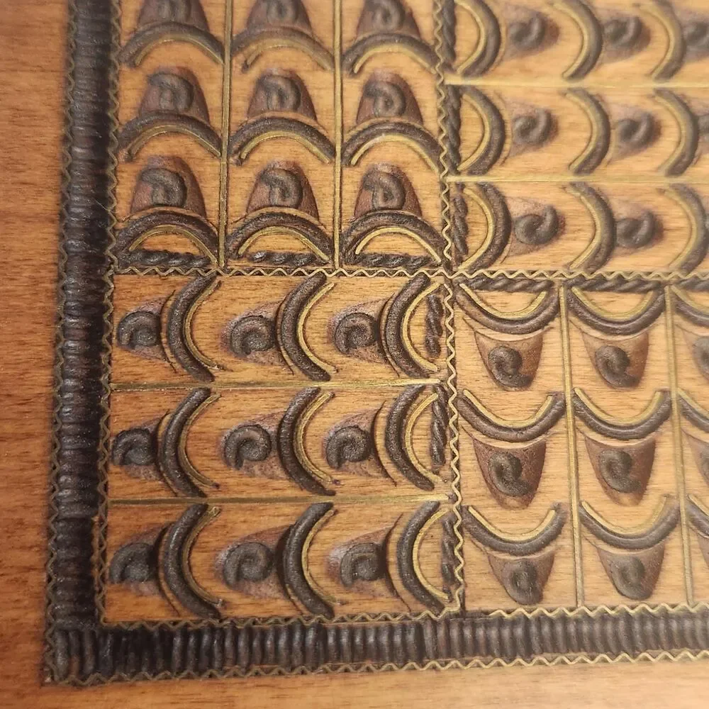 Polish Carved Wood Jewelry Box w Hinged Lid Vintage Folk Art Trinket Gold Inlay